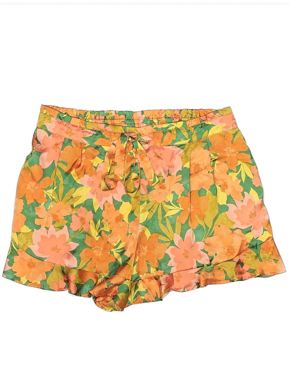 Les Serein Orange Floral Soft High Waist Tie Ruffle Trim Shorts size XXL